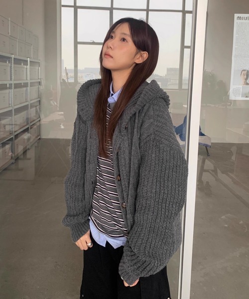 ケムリ カーディガン ニット 長袖 フード モヘヤ ダメージ加工 0 XS 黒 カミヤ KAMIYA Sun-Faded Cardigan （Black） - ファッション通販 d