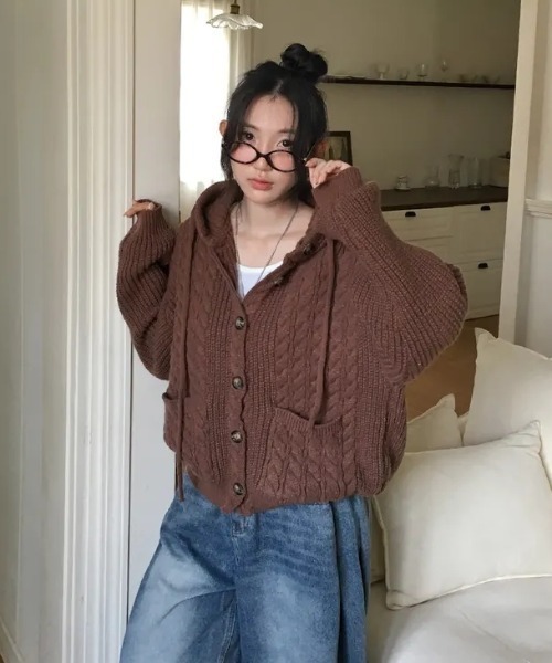 GEMEDA カーディガン 「秋冬新作」フード付きケーブルニット