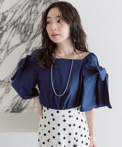 コットン ふんわり リボン ブラウス ブルー ラベンダー 青 リボン 綿 涼やか コットンサテンフロントリボンブラウス | LANVIN en Bleu (Women