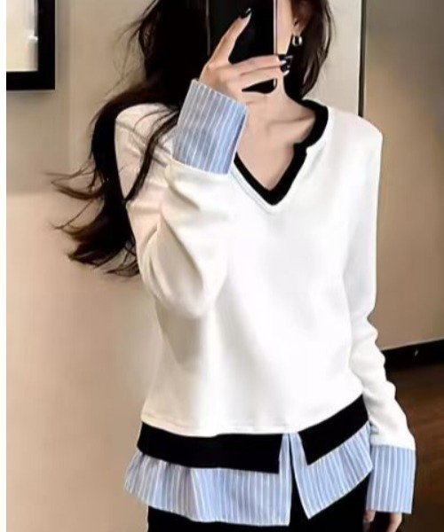 Ada. tシャツ 配色 Vネック レイヤード トップス レディース