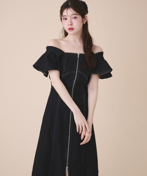 fupel ワンピース 夏 半袖 2way frill denim onepiece / 2way フリル