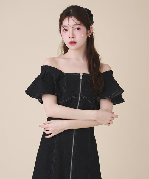 fupel ワンピース 夏 半袖 2way frill denim onepiece / 2way フリル