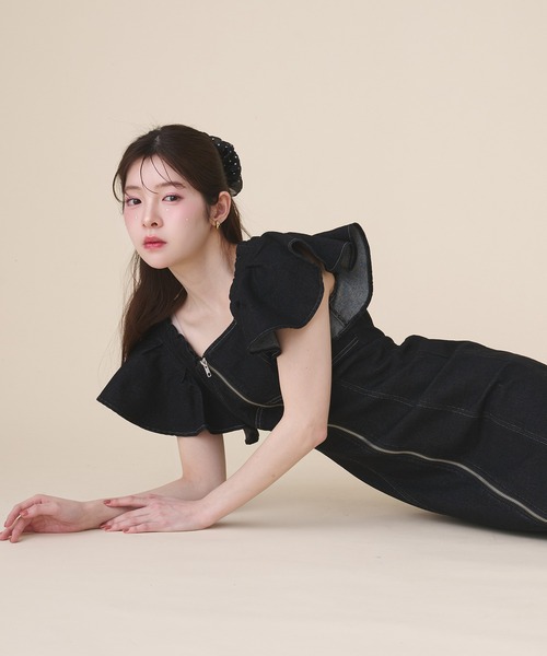 fupel ワンピース 夏 半袖 2way frill denim onepiece / 2way フリル