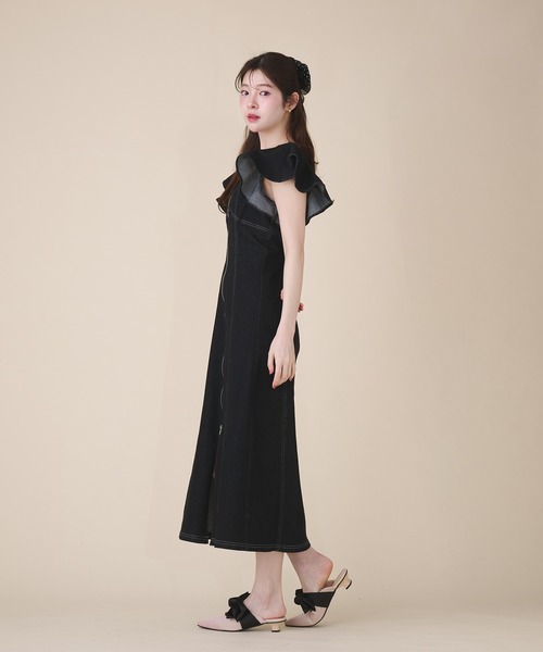fupel ワンピース 夏 半袖 2way frill denim onepiece / 2way フリル