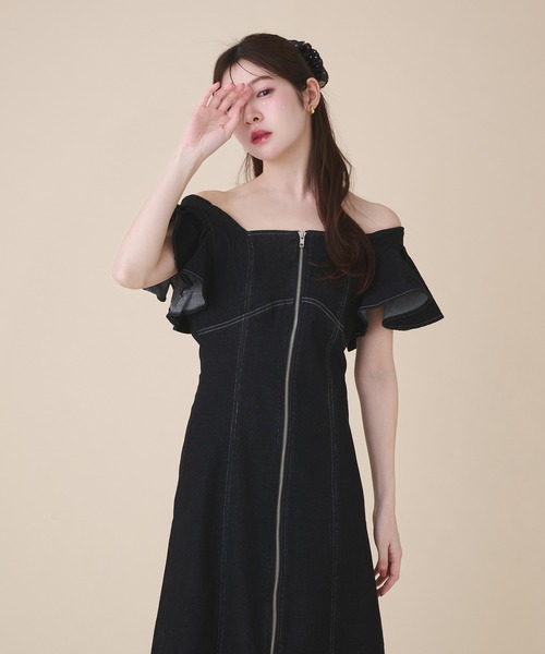 fupel ワンピース 夏 半袖 2way frill denim onepiece / 2way フリル