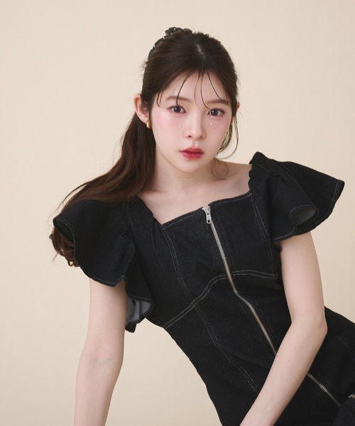 fupel ワンピース 夏 半袖 2way frill denim onepiece / 2way フリル