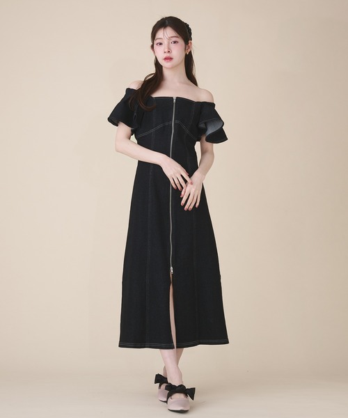 fupel ワンピース 夏 半袖 2way frill denim onepiece / 2way フリル