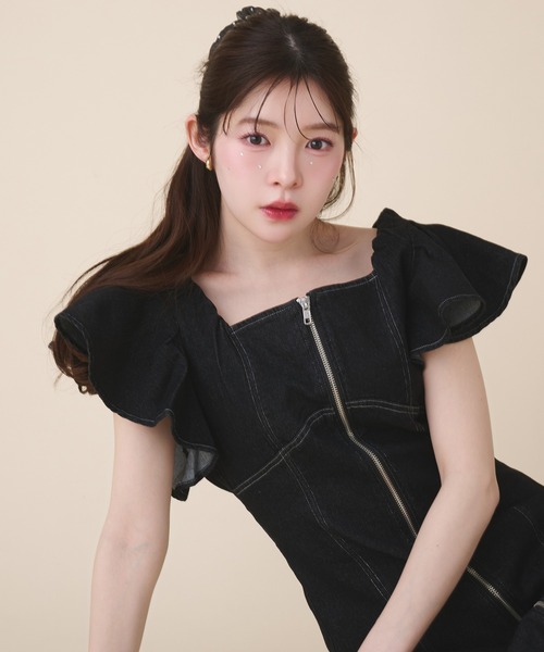 fupel ワンピース 夏 半袖 2way frill denim onepiece / 2way フリル