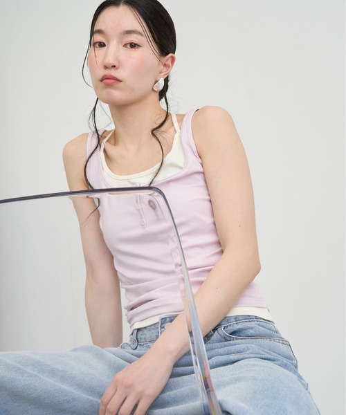 NUJOH タンクトップ ノースリーブ Layered Strap Slim Tank Top