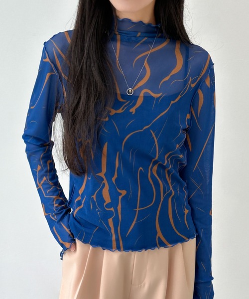 ABITOKYO tシャツ シースルーハイネックマーブル柄シアー