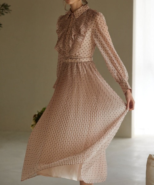 【美品】エラディエ シフォンドット 総柄 プリーツワンピース ピンク Fサイズ ERADIE ワンピース Chiffon dot pleated dress シフォンドット