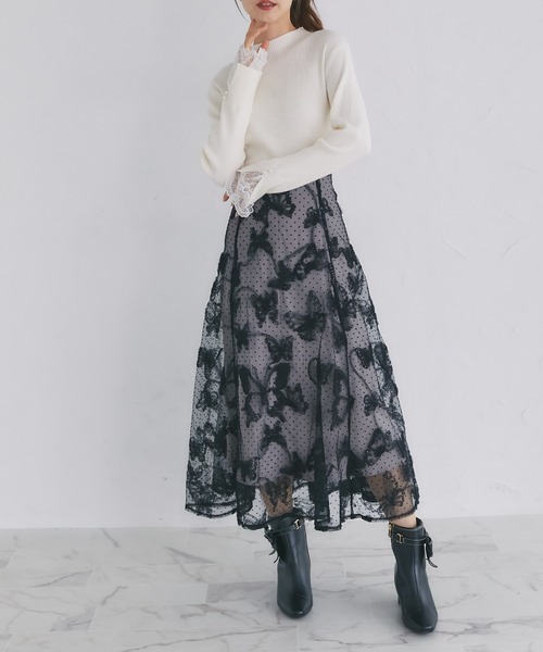 ニット セーター プチハイネックレース切替リブニットプルオーバー レディース tocco closet ニット 袖口レース付きプチハイネックリブニット