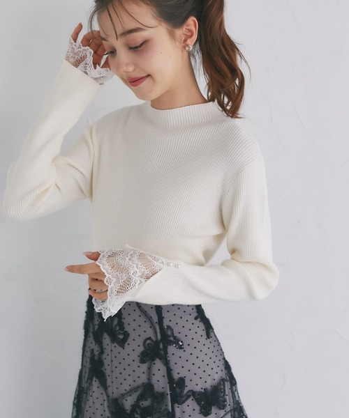 ニット セーター プチハイネックレース切替リブニットプルオーバー レディース tocco closet ニット 袖口レース付きプチハイネックリブニット