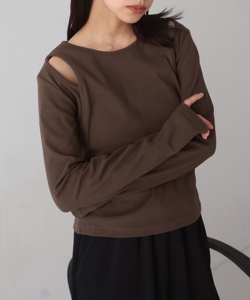 tシャツ レイヤード風ブロックトップス レディース hellam tシャツ レイヤード風リブトップス レディース