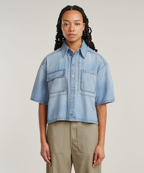 ブラウス シャツ Remix Shirt Side Slits/クロップドオーバーサイズサイドスリットデニムシャツ レディース