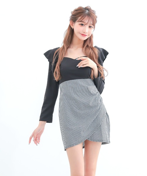 Tika ドレス キャバドレス 長袖 袖ありフリルギンガムチェック柄