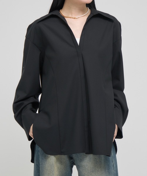 【2023SS/定価3万】デリー DELIY *RAMIE LAWN MULTI WAY SHEER SHIRT シャツ*Fブラウス黒ブラックトップス(m1-2504-253)【31E52】 スポンジージョーゼット 襟付きラグランスリーブブラウス