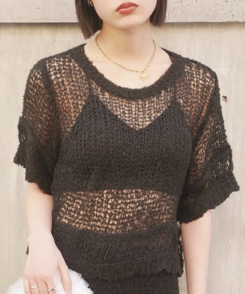 トップス Milly crochet knit tops black andmary ANDMARY】Milly crochet knit tops