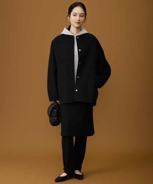 自由区 ノーカラーウールリバーコート 38 イタリア生地 ベルト付 自由区（ジユウク） ノーカラーコート コート ウールリバーノーカラー