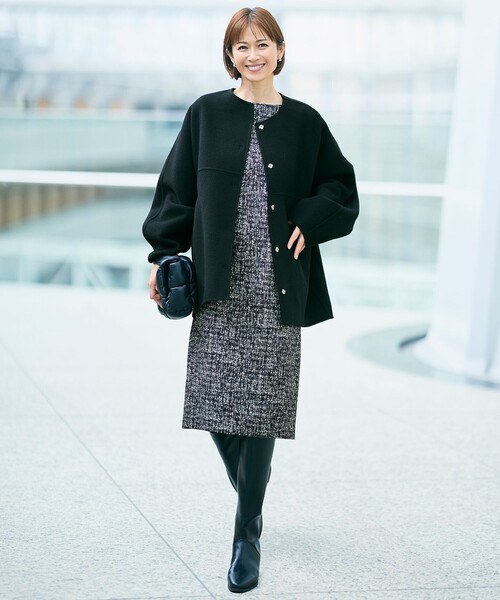 自由区 ノーカラーウールリバーコート 38 イタリア生地 ベルト付 自由区（ジユウク） ノーカラーコート コート ウールリバーロング