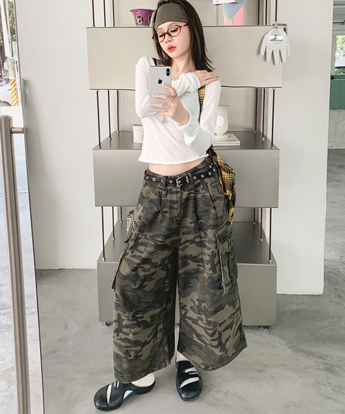 リメイク　迷彩　オフホワイト　リバーシブル　カーゴパンツ ワンフォークロージング 1111clothing ◇カモフラ バルーン