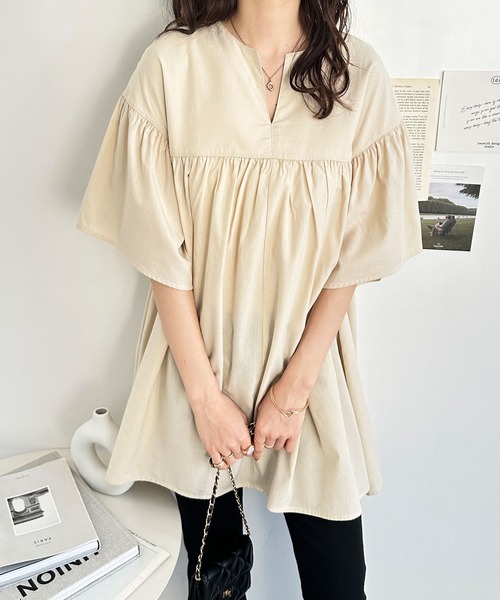 「GeeRA」 半袖チュニック LARGE ブラック レディース