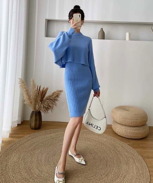 ワンピース 「上下セットアップ」リブニットワンピース カセット服