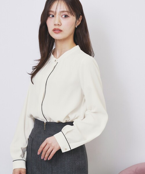 index ブラウス シャツ タックデザインバンドカラーブラウス「洗濯機OK