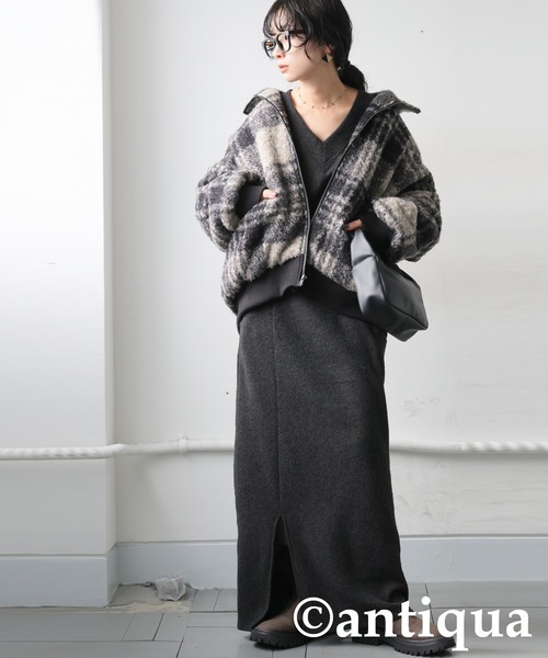 antiqua（アンティカ） コート アウター チェック柄 ボアジャケット