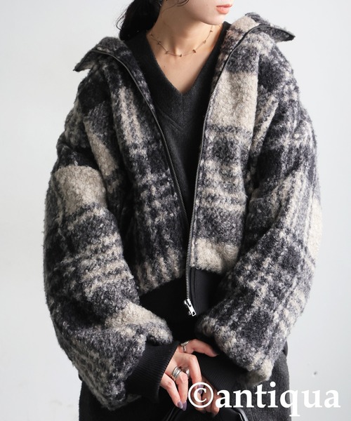 antiqua（アンティカ） コート アウター チェック柄 ボアジャケット