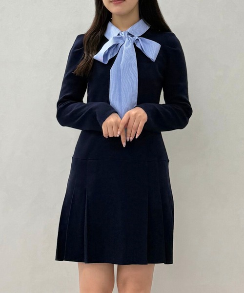 「31 Sons de mode」 ニットワンピース フリ- ネイビー レディース_画像4