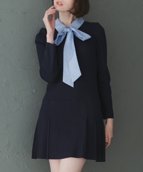 「31 Sons de mode」 ニットワンピース フリ- ネイビー レディース_画像9