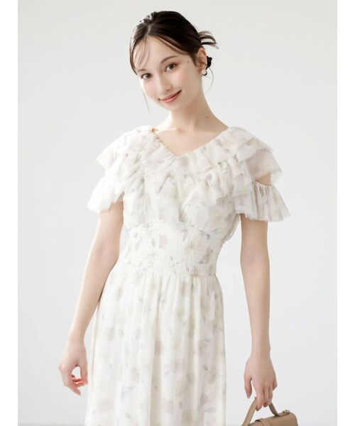 新品タグ付】dazzlin チュールコンビツイードワンピース アイボリー M dazzlin（ダズリン） ワンピース チュールフラワーギャザーワンピース