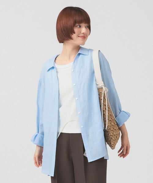 DANIELA GREGIS リネン　スキッパーブラウス ライトブルーストライプ Ray BEAMS（レイ ビームス） リネンシャツ ブラウス シャツ 「7/31再