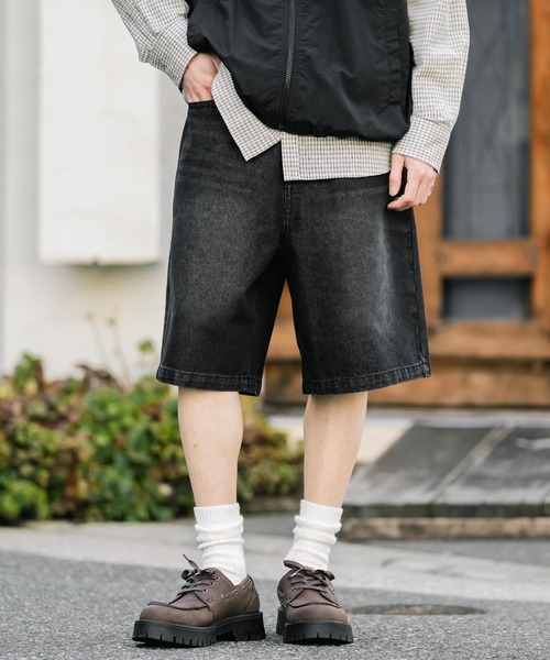 希少kmrii ケムリスタッズ装飾 ブラックデニムショートパンツ　ストーン付き Rocky Monroe（ロッキーモンロー） ワイドパンツ ハーフパンツ