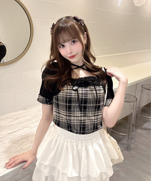 one way（ワンウェイ） tシャツ 半袖 半袖チェック×ボレロ風トップス