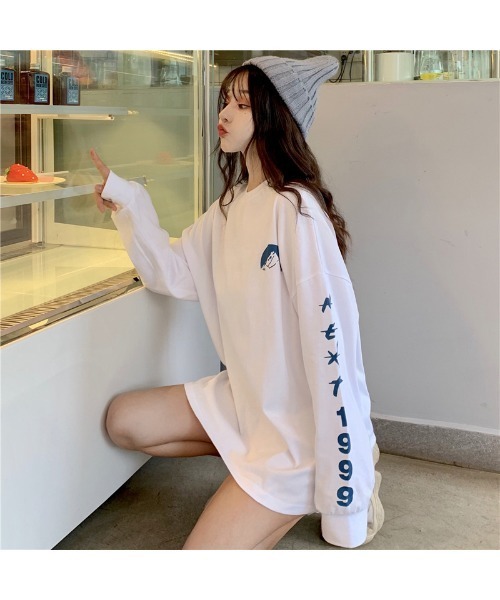 DEVICE tシャツ 袖プリント ロンT 長袖 クルーネック ロング