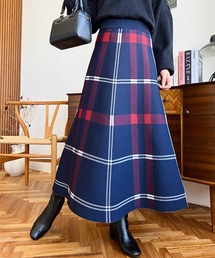 moment+ スカート チェック柄スポンディッシュニットフレアスカート