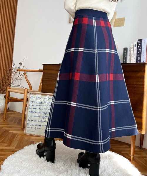 moment+ スカート チェック柄スポンディッシュニットフレアスカート moment+ スカート チェック柄スポンディッシュニットフレアスカート