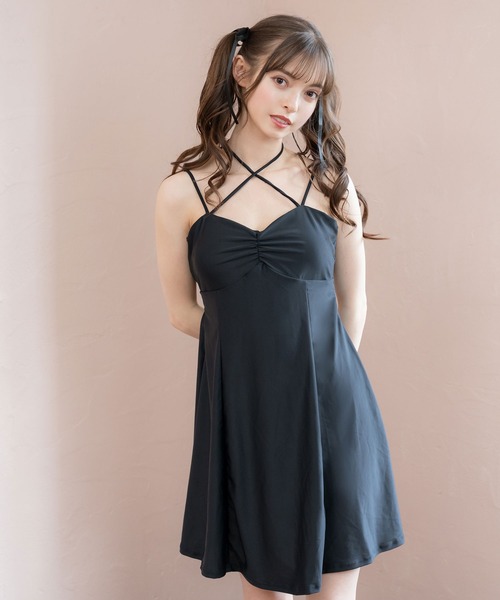 韓国水着 フレンチスリーブ バックレスフレアワンピース 506051 水着 ワンピース水着 レディース 2WAY オフショルダー