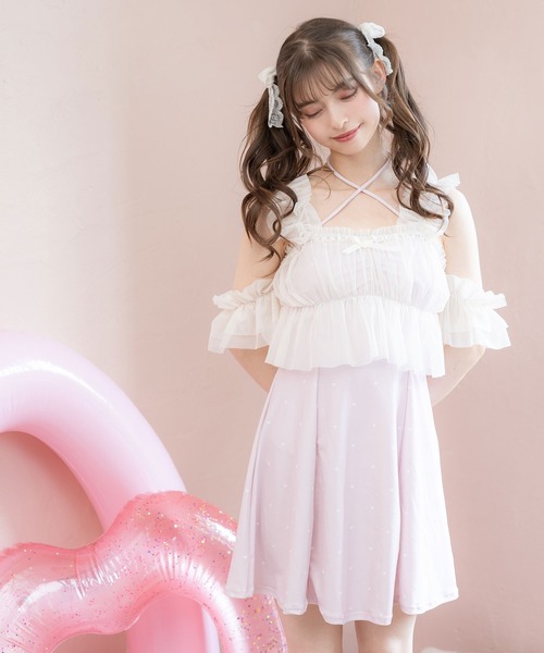 新品frill frill swim wearチュール水着ベージュ フリルスリーブワンピーススイムウエア（水着）｜ánuans（ア