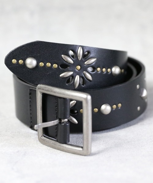 スタッズベルト レザーベルト フラワー ブラック 牛革 HCT風 栃木レザー フラワー型 スタッズベルト 黒 ブラックスポッツ 日本製 一