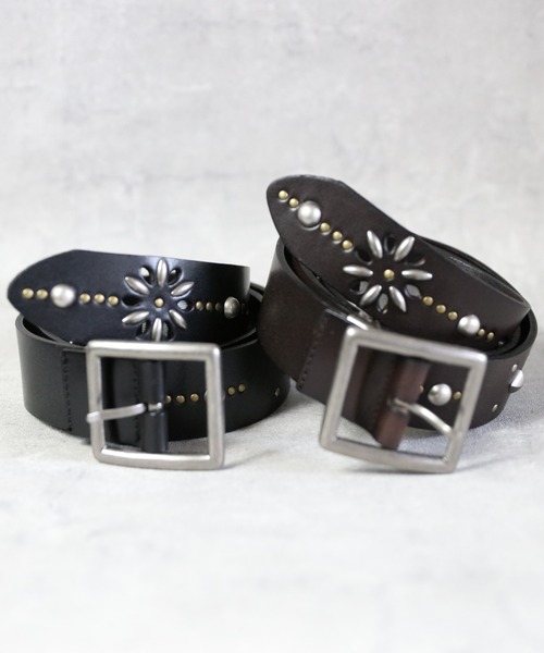 zohi＆フラワー スタッズベルトブラック ニッケル＆ブラス herianess_tk151
