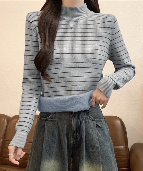 裏微起毛ニットトップスボーダーニット厚手 miniministore ニット セーター 裏微起毛ニットトップスボーダー