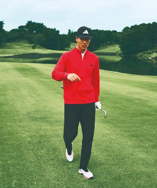 adidas ハーフジップ ゴルフシャツ ブラック/レッド adidas（アディダス） コート ジャケット アディゼロ ファブリック