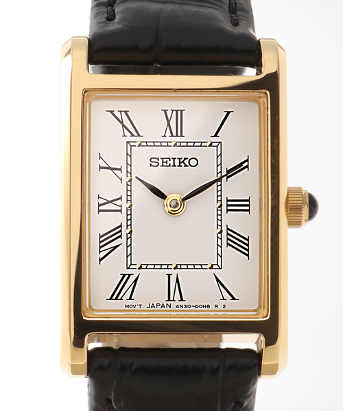 Amazon | SEIKO スクエアゴールドブラックレザーレディース