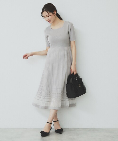 異素材 ニット ワンピース シアー チュール スカート cr8351 異素材 ニット ワンピース シアー チュール スカート cr8351