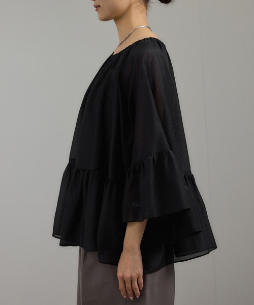 新品 styling 素敵なデザイン シルクコットンフレアブラウス 黒ブラック SALON adam et rope'（サロン アダム エ ロペ） ブラウス シャツ