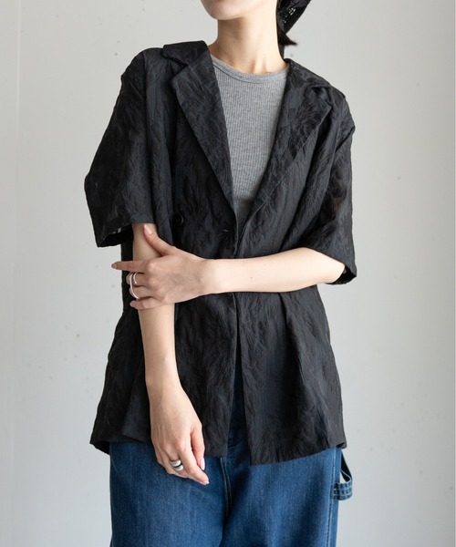 ブラウス シャツ シアー半袖テーラードシャツジャケット レディース hwyl ブラウス シャツ シアージャガード ハーフジャケット