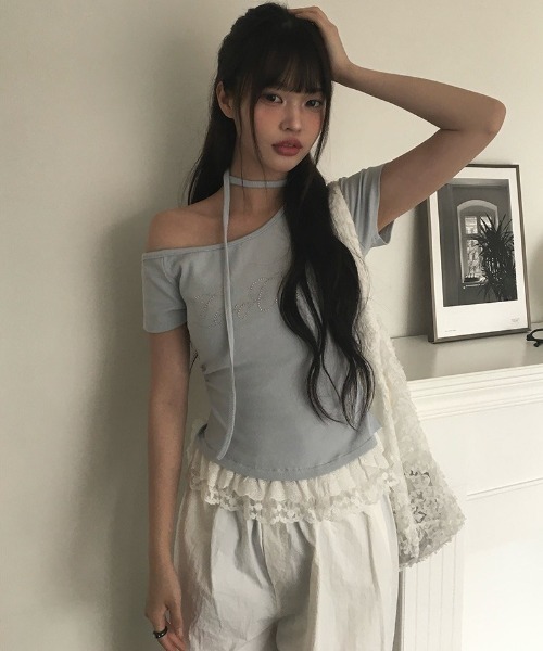 anyonemore tシャツ 半袖 裾レースフリルワンオフショルダー
